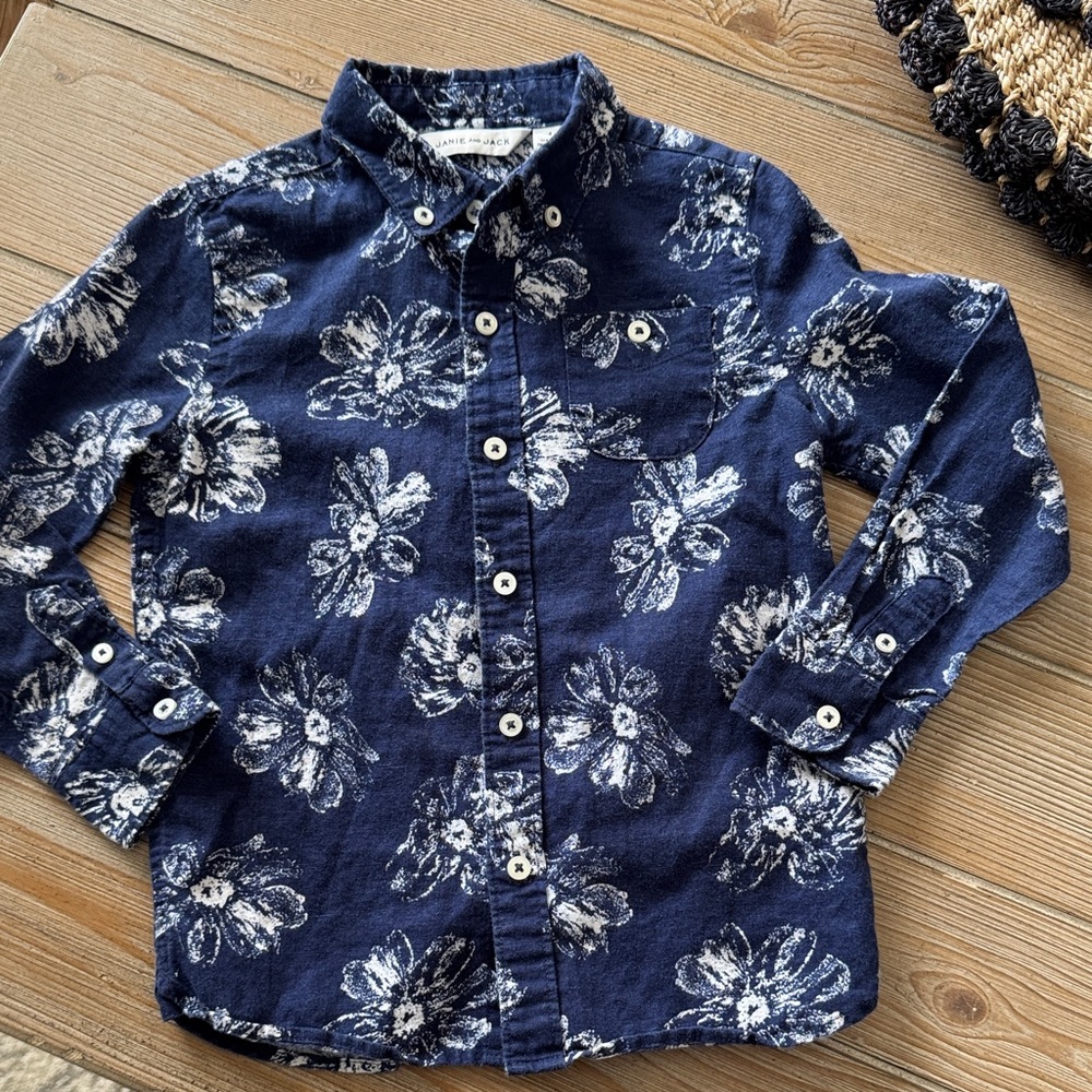 Janie and Jack Navy Floral Button Down Shirt boys 4